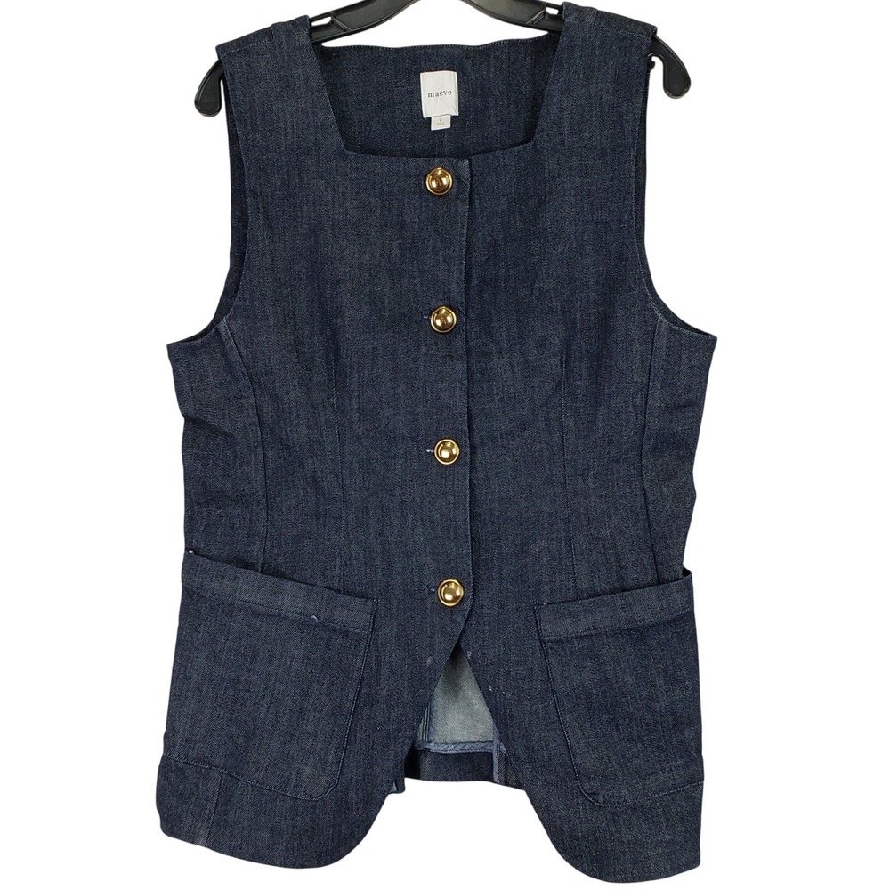 Maeve Gold Button Denim Vest Women Large Dark Wash Square Neck Preppy Nautical